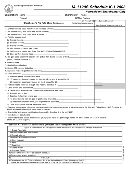 Form Ia 1120s - Schedule K-1 - Nonresident Shareholder Only - 2003 Printable pdf