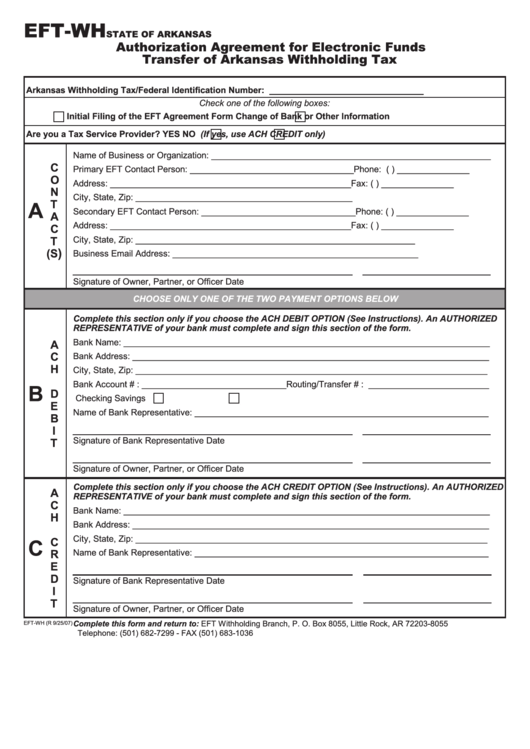 Form Eft-Wh - Authorization Agreement For Electronic Funds Transfer Of Arkansas Withholding Tax Printable pdf