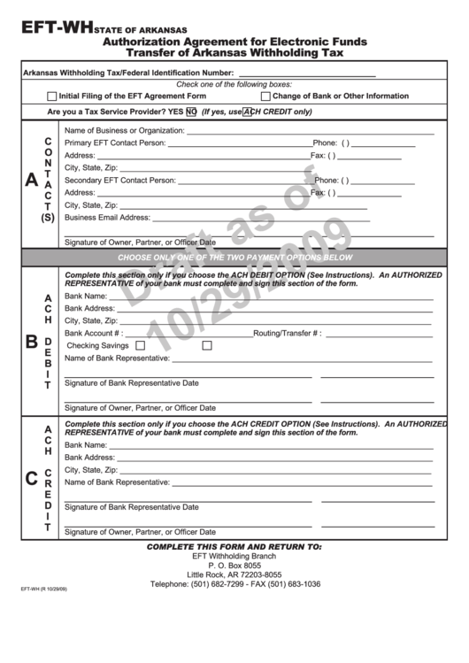 Form Eft-Wh Draft - Authorization Agreement For Electronic Funds Transfer Of Arkansas Withholding Tax Printable pdf