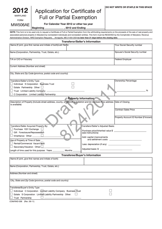 Maryland Form Mw506ae Draft - Application For Certificate Of Full Or Partial Exemption - 2012 Printable pdf