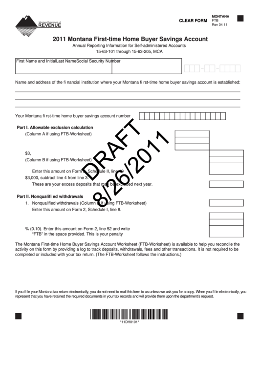 Fillable Montana Form Ftb Draft - Montana First-Time Home Buyer Savings Account - 2011 Printable pdf