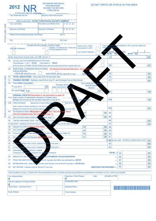 Form 200-02 Draft - Delaware Individual Non-Resident Incometax Return - 2012 Printable pdf