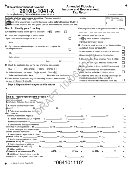 Form Il-1041-X Draft - Amended Fiduciary Income And Replacement Tax ...