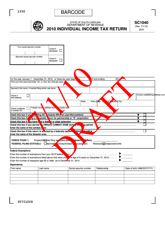 Form Sc1040 Draft - Individual Income Tax Return - 2010 Printable pdf
