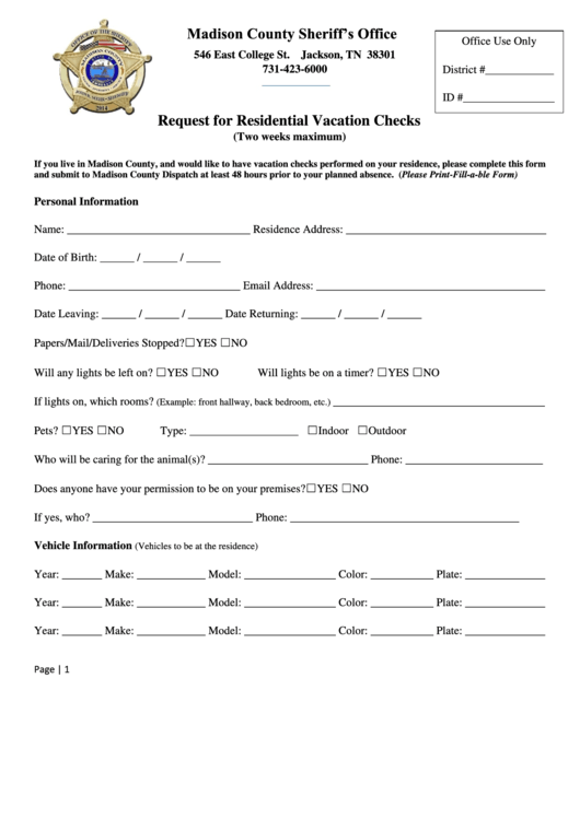 Request For Residential Vacation Checks Form