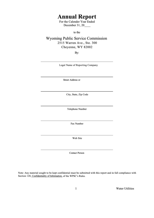 Fillable Annual Report Template - Wyoming Public Service Commission Printable pdf