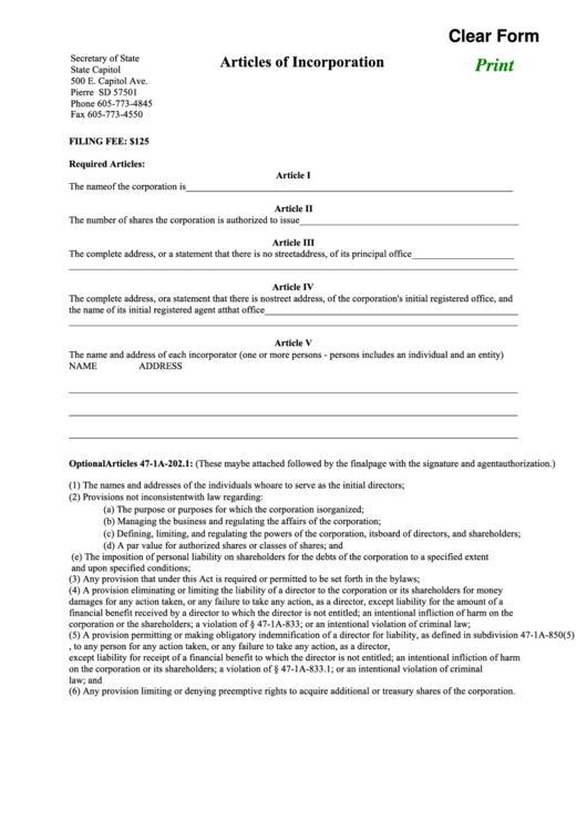 Fillable Articles Of Incorporation Template Printable Pdf Download