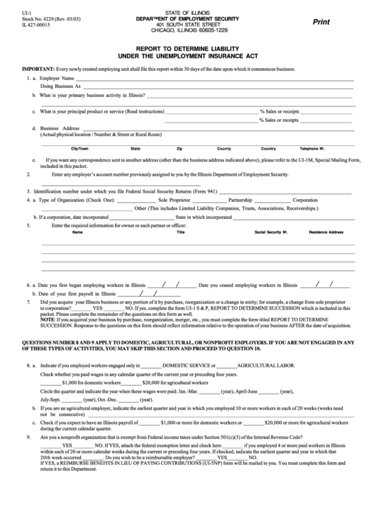 Fillable Form U1-1 - Report To Determine Liability Under The Unemployment Insurance Act - 2003 Printable pdf