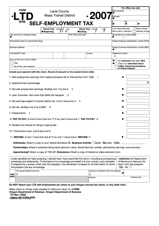 Fillable Form Ltd - Self-Employment Tax - 2007 Printable pdf