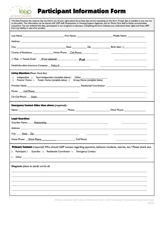 Participant Information Form Printable pdf
