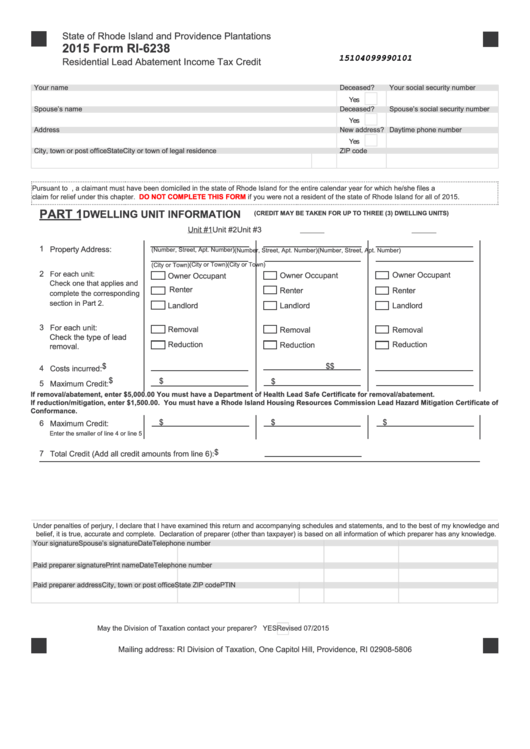 Fillable Form Ri-6238 - Residential Lead Abatement Income Tax Credit - 2015 Printable pdf