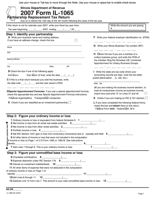 Fillable Form Il-1065 - Partnership Replacement Tax Return - 2007 Printable pdf