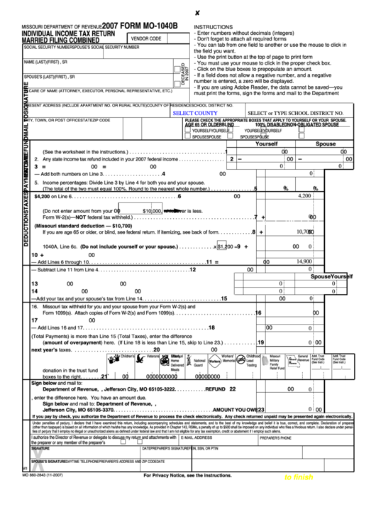 Fillable Form Mo-1040b - Individual Income Tax Return Married Filing Combined - 2007 Printable pdf