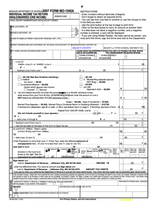 Fillable Form Mo-1040a - Individual Income Tax Return Single/married (One Income) - 2007 Printable pdf