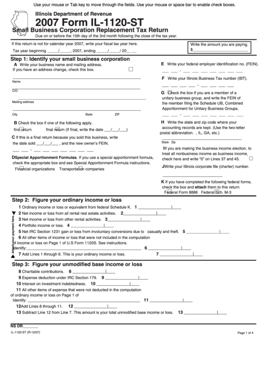 Fillable Form Il-1120-St - Small Business Corporation Replacement Tax Return - 2007 Printable pdf