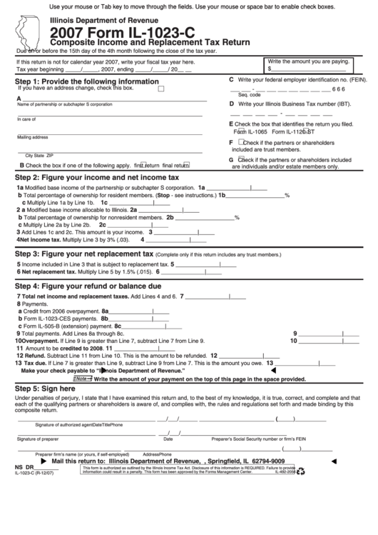 Fillable Form Il-1023-C - Composite Income And Replacement Tax Return 2007 Printable pdf