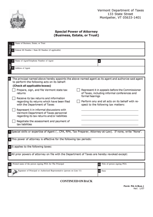 Form Pa-1 - Special Power Of Attorney (Business, Estate, Or Trust) Printable pdf