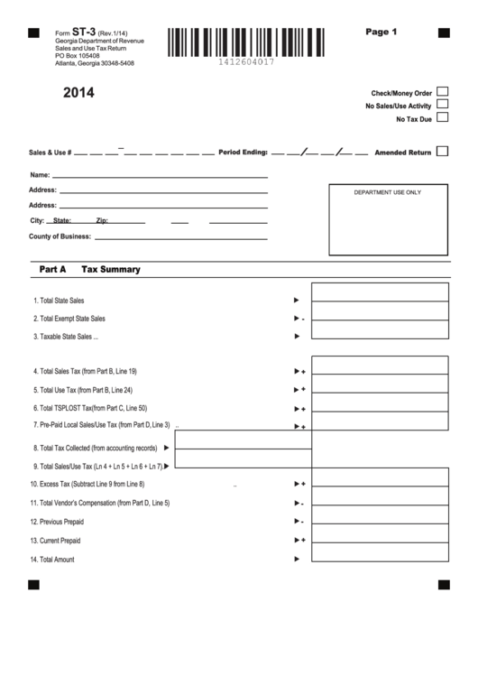 Fillable Form St-3 - Sales And Use Tax Return - 2014 Printable pdf
