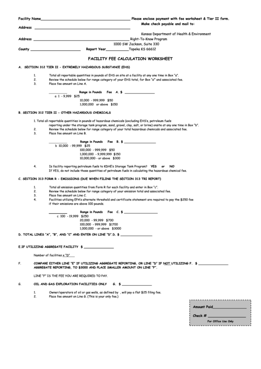 Fillable Facility Fee Calculation Worksheet - Kansas Department Of Health & Environment Printable pdf