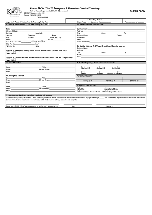 Fillable Kansas Epcra Tier Ii Emergency & Hazardous Chemical Inventory Form - Kansas Department Of Health & Environment Printable pdf