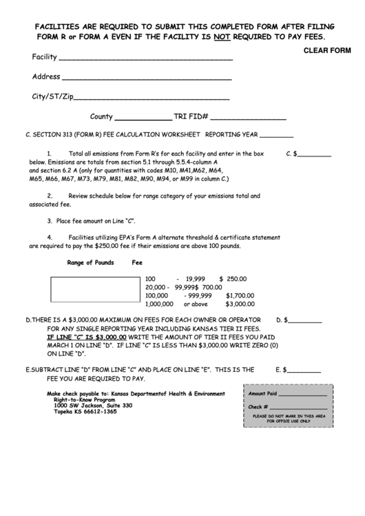 Fillable Form R / Form A Fee Worksheet- Kansas Department Of Health & Environment Printable pdf
