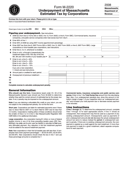 Form M-2220 - Underpayment Of Massachusetts Estimated Tax By Corporations - 2008 Printable pdf