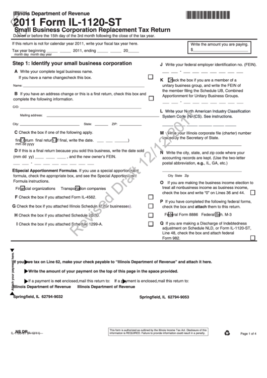 Form Il-1120-St (Draft) - Small Business Corporation Replacement Tax Return - 2011 Printable pdf