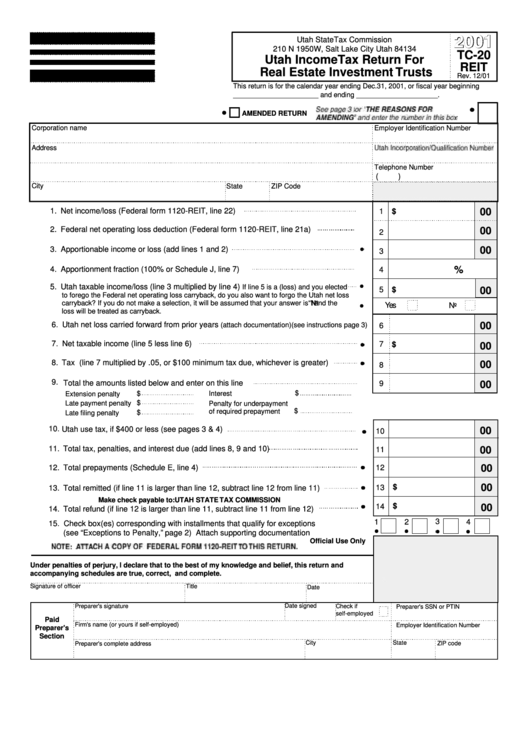 Form Tc-20 Reit - Utah Income Tax Return For Real Estate Investment Trusts - 2001 Printable pdf