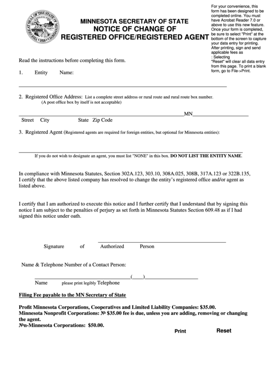 Fillable Notice Of Change Of Registered Office Form - Minnesota Secretary Of State - 2007 Printable pdf