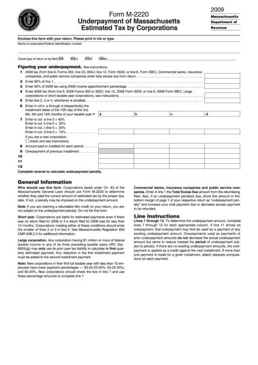 Form M-2220 - Underpayment Of Massachusetts Estimated Tax By Corporations - 2009 Printable pdf