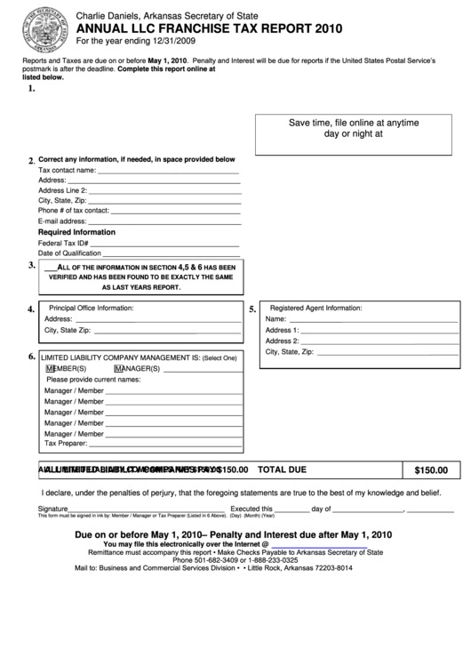 Form Annual Llc Franchise Tax Report - Arkansas Secretary Of State - 2010 Printable pdf