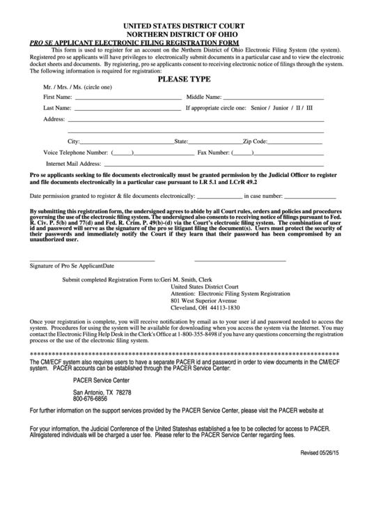 Pro Se Applicant Electronic Filing Registration Form Printable pdf