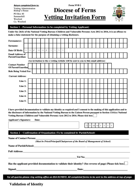Form Nvb 1 - Diocese Of Ferns Vetting Invitation Form Printable pdf