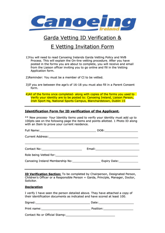 Form Nvb 1 - Vetting Invitation Printable pdf