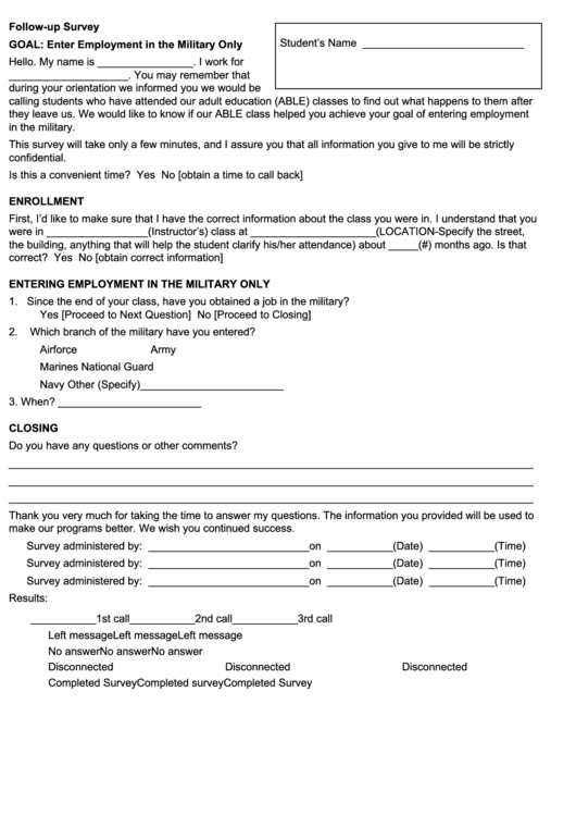 Fillable Follow-Up Survey-Student Followup Military Survey Form Printable pdf