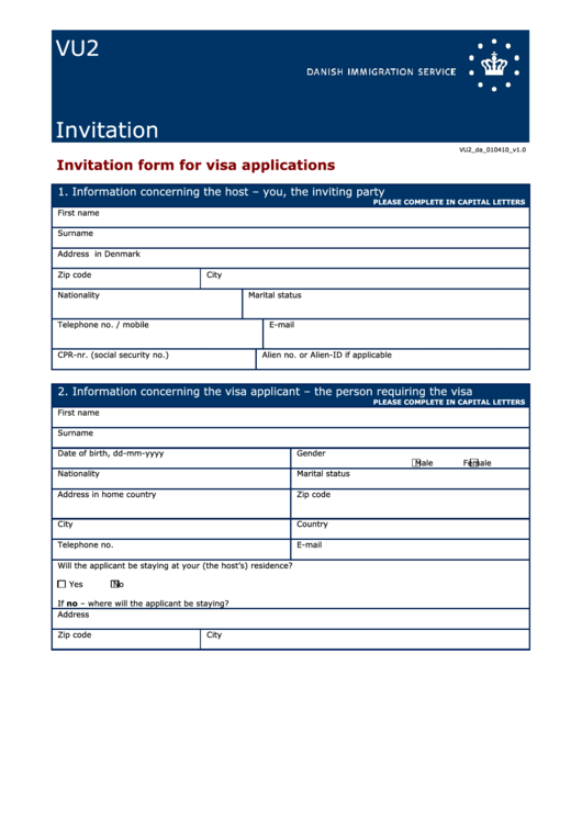 Form Vu2 - Invitation Form For Visa Applications Printable pdf