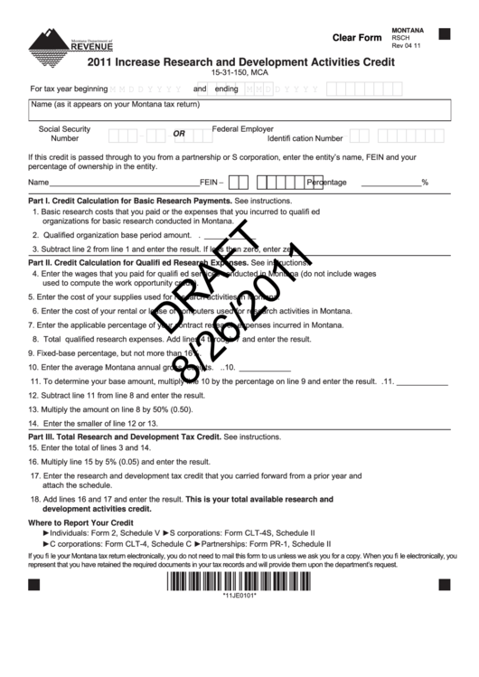 Fillable Montana Form Rsch Draft - Increase Research And Development Activities Credit - 2011 Printable pdf