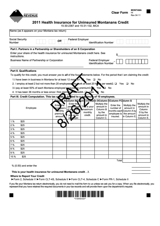Fillable Montana Form Hi Draft - Health Insurance For Uninsured Montanans Credit - 2011 Printable pdf