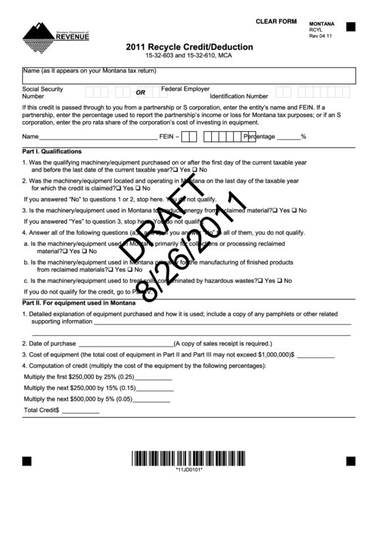 Fillable Montana Form Rcyl Draft - Recycle Credit/deduction - 2011 ...