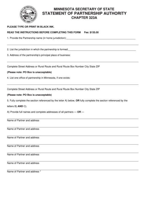 Statement Of Partnership Authority Form - Minnesota Secretary Of State - 2007 Printable pdf
