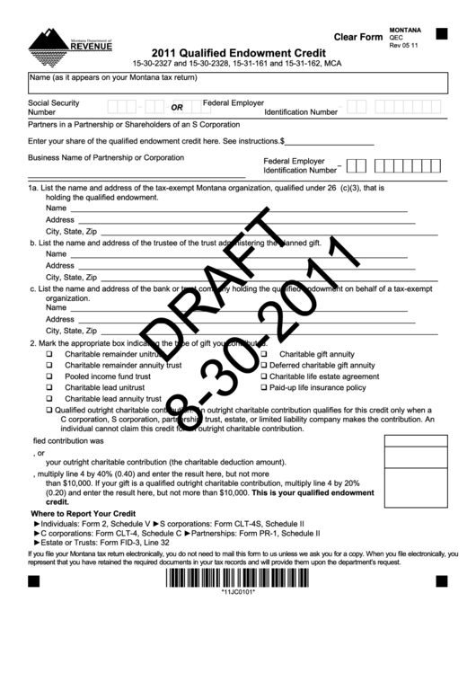 Fillable Montana Form Qec Draft - Qualified Endowment Credit - 2011 Printable pdf