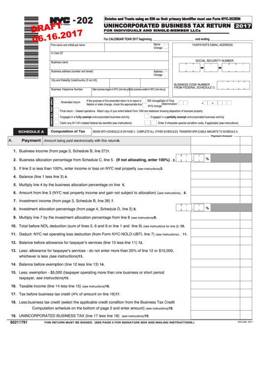 Form Nyc-202 Draft - Unincorporated Business Tax Return For Individuals And Single-Member Llcs - 2017 Printable pdf