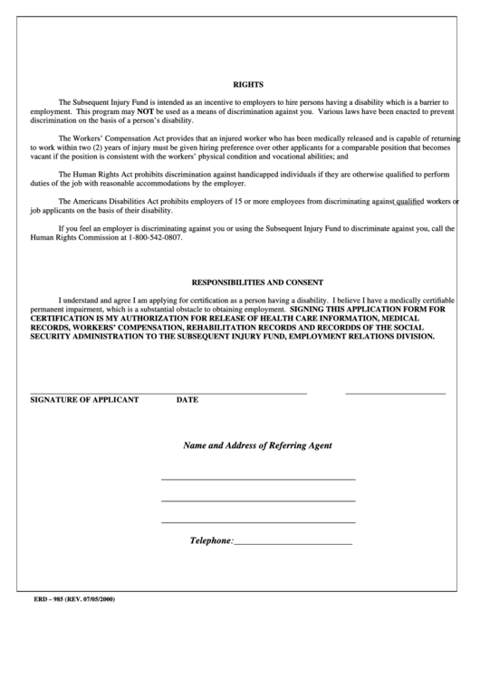 Form Erd - 987 - Application Form For Certification By The Subsequent Injury Fund Form - State Of Montana, Department Of Labor And Industry Printable pdf