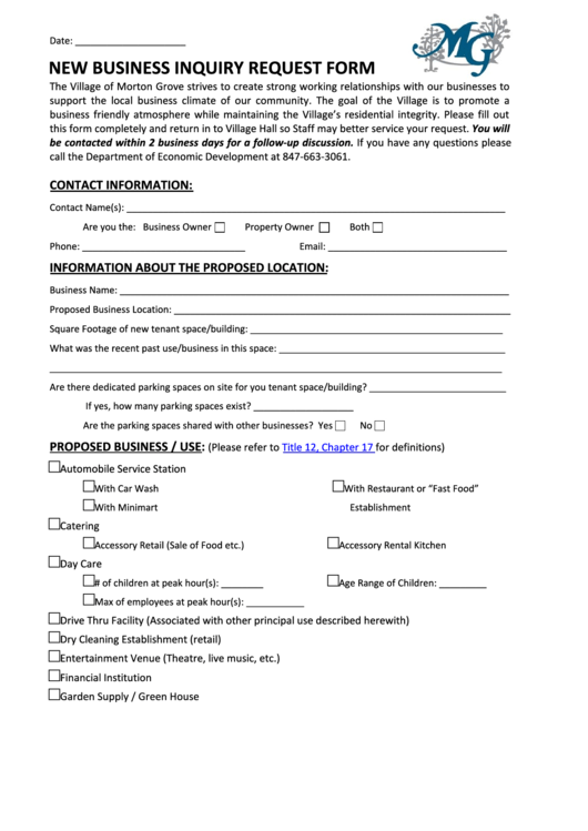 Fillable New Business Inquiry Request Form Printable pdf