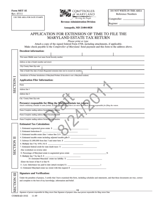 Form Met 1e Draft - Application For Extension Of Time To File The Maryland Estate Tax Return With Instructions Printable pdf