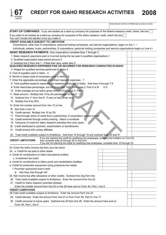 Form 67 - Credit For Idaho Research Activities Printable pdf