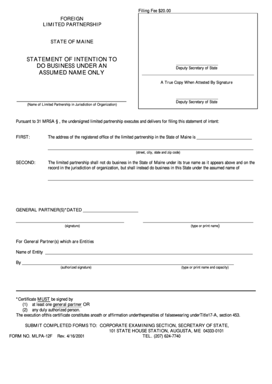 Fillable Form Mlpa-12f - Statement Of Intention To Do Business Under An Assumed Name Only - Maine Secretary Of State Printable pdf