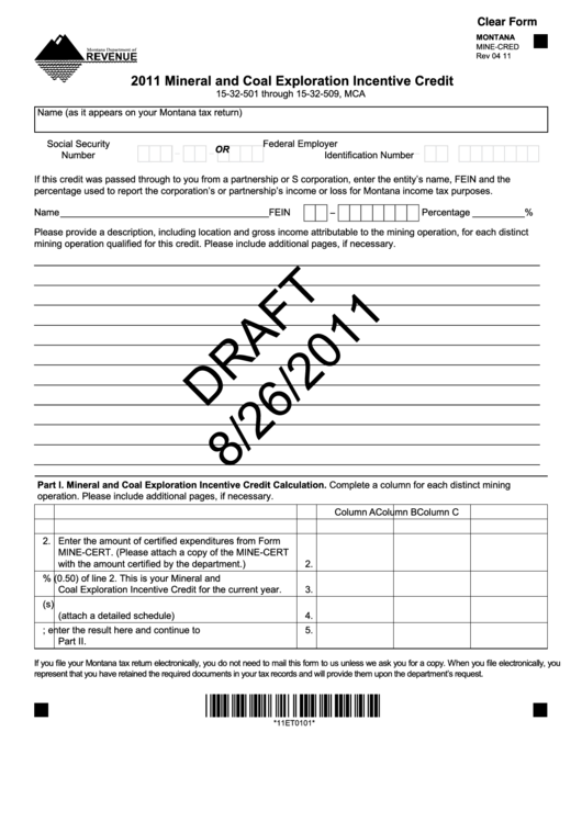 Fillable Form Mine-Cred Draft - Mineral And Coal Exploration Incentive Credit - 2011 Printable pdf