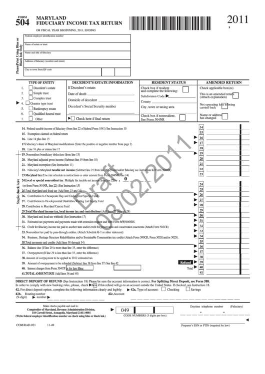 Form 504 Draft - Maryland Fiduciary Income Tax Return - 2011 Printable pdf