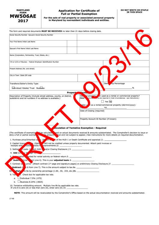Form Mw506ae Draft - Application For Certificate Of Full Or Partial Exemption - 2017 Printable pdf